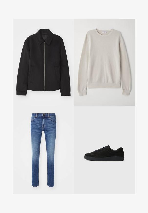 Melnā jaka ar rāvējslēdzēju, piegrieztas formas dizains, noapaļots apkakle un šķēluma kabatas. Izgatavota no gludas, teksturētas auduma.; Gaišbeigā džemperis, kas izgatavots no mīksta adījuma auduma. Ar apaļu kakla izgriezumu, garām piedurknēm, ribotām aprocēm un apakšmalu ar smalku tekstūras detaļu.; Zilā džinsu bikses ar šauru piegriezumu, ar vidēju mazgāšanu un niecīgu izbalēšanu. Standarta piecu kabatu dizains un metāla pogas aizdare.; Melna zamšāda sporta apavi ar plakanu, strukturētu zoli, noapaļotu purngalu, sešām acīm šņorēm un minimālistisku dizainu.