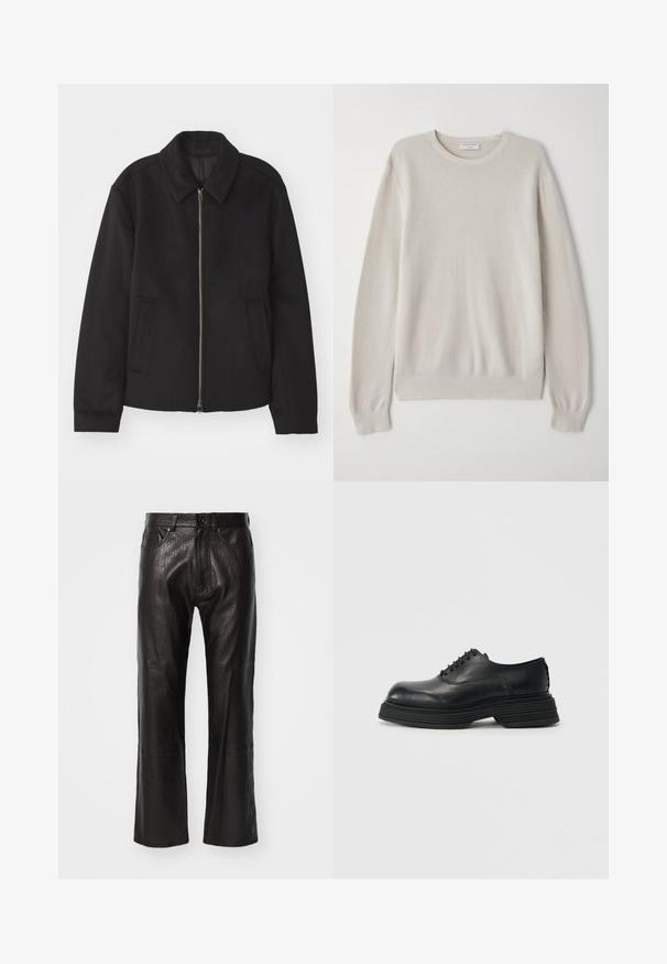 Black jacket with a zip closure, tailored design, a rounded collar, and slit pockets. Made from a smooth, textured fabric.; Light beige sweater made of soft knit fabric. Crew neckline, long sleeves, ribbed cuffs, and hem with subtle texture detail.; Tiger of Sweden ALEC - Leather trousers - black; Black leather shoes with a rounded toe, featuring a thick layered sole and traditional lace-up design. Smooth texture with minimal detailing.