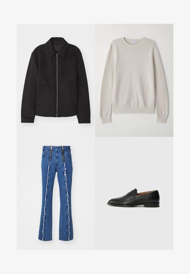 Juodas švarkas su užtrauktuku, pritaikyta forma, apvaliu apykakle ir kišenėmis su plyšiu. Pagamintas iš lygios, tekstūruotos medžiagos.; Šviesiai smėlio spalvos megztinis, pagamintas iš minkštos mezgimo medžiagos. Apvalus iškirpimas, ilgos rankovės, gilesni kūgio formos rankogaliai ir apvadas su subtiliu tekstūros detailiu.; GmbH FAISAL - Tiesaus kirpimo džinsai - denim blue; Juodas odinis loaferis su apvaliu nosiu, subtiliomis siuvimo detalėmis ir žemu kulnu, pasižymintis lygia tekstūra ir minimalistiniu dizainu.
