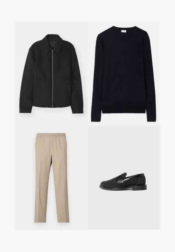 Black jacket with a zip closure, tailored design, a rounded collar, and slit pockets. Made from a smooth, textured fabric.; Navy blue crew-neck sweater made of soft fabric, featuring long sleeves and ribbed detailing at the collar and hem. Clean, minimalist design.; Filippa K THEO - Trousers - sage melange; Black woven slip-on shoe with a smooth leather accent on the upper, a round toe design, and a low-profile rubber sole.