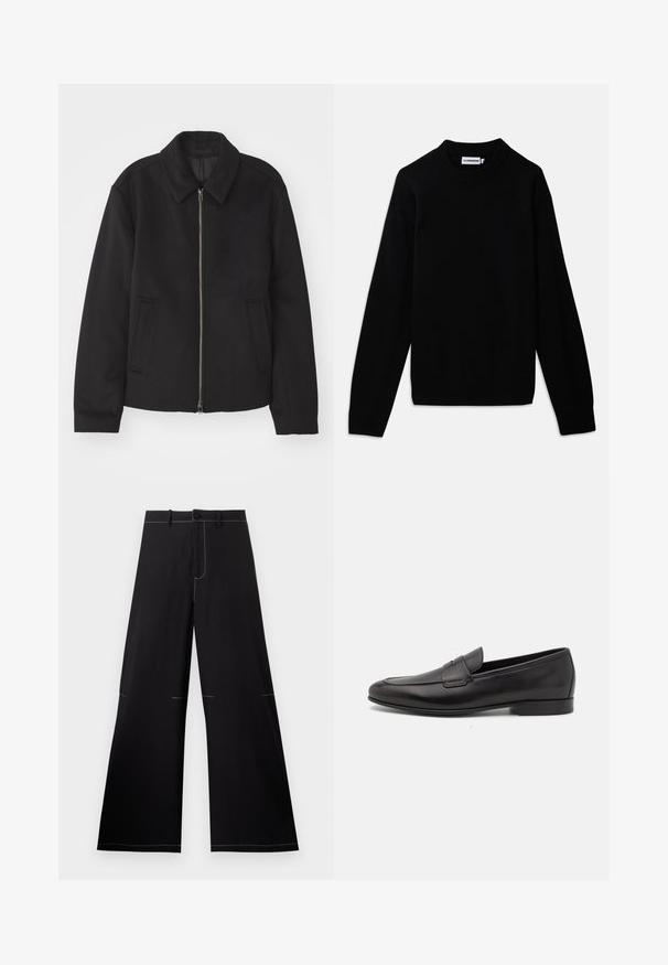 Černá bunda se zipovým uzávěrem, střižená designem, kulatým límcem a kapsami na bocích. Vyrobena z hladké, strukturované tkaniny.; Černý svetr s žebrovaným kulatým výstřihem, dlouhými rukávy a texturovaným pleteným vzorem. Žádné viditelné logo ani ozdoby.; Černé kalhoty s širokými nohavicemi a bílými švy, s knoflíkovým zapínáním a páskem s poutky. Vyrobeno z lehkého materiálu.; Černé kožené pánské mokasíny s nízkým podpatkem a klasickým designem se sponou, zobrazené v bočním profilu na bílém pozadí.