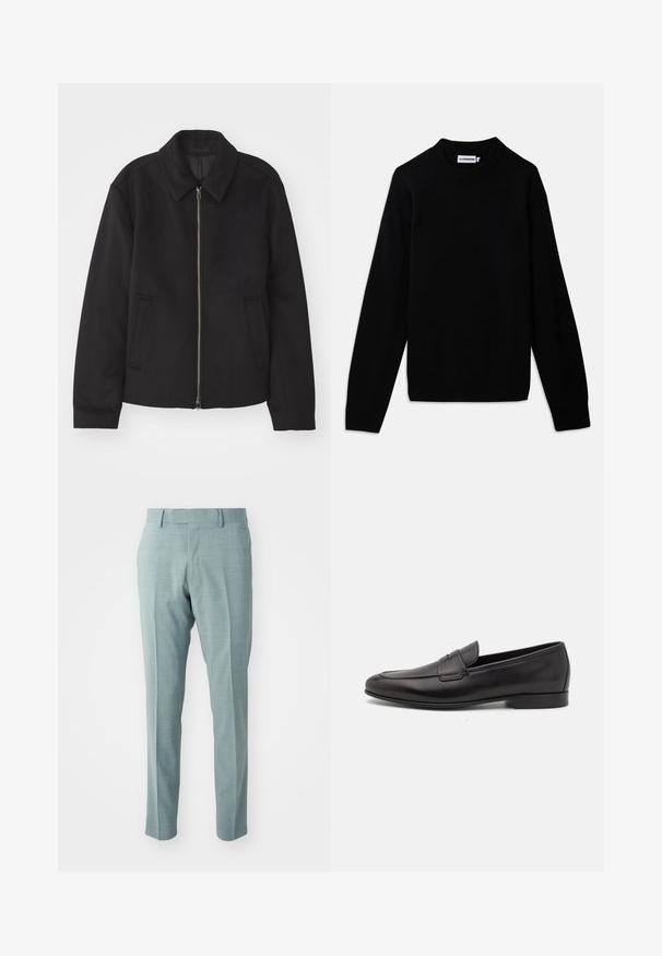 Veste noire avec fermeture éclair, design ajusté, col arrondi et poches fendue. Fabriquée dans un tissu lisse et texturé.; Pull noir avec un col rond côtelé, des manches longues et un motif en tricot texturé. Aucun logo ou ornement visible.; Pantalons ajustés bleu clair avec une texture lisse, coupe slim et devant plissé. Présente un devant plat et des passants de ceinture. Pas de poches visibles.; Mocassin pour homme en cuir noir avec un petit talon et un design classique à lanière penny, présenté en profil sur fond blanc.