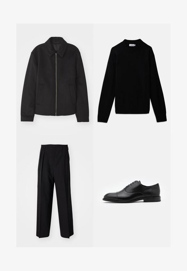 Must mustriga, mis on varustatud lukuga, kohandatud disaini, ümarate kaeluste ja lõhesalongidega taskudega. Valmistatud siledast, tekstuurilisest kangast.; Must mustre, millel on sooned ja tekstuurne kudumine. Ilma nähtavate logode või kaunistusteta.; Mustad volditud püksid sirge ja laia säärega disainiga. Valmistatud siledast kangast, millel on nuppudega sulgemine ja vööaasad.; Must musta kinga ümarate varvastega, nööridega disainiga ja peente õmblusdetailidega. Omab madalat kontsa ja siledat tekstuuri.