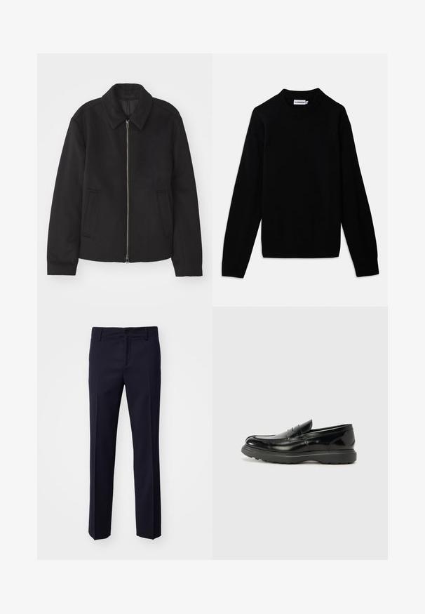 Schwarze Jacke mit Reißverschluss, tailliertem Schnitt, rundem Kragen und Schlitztaschen. Hergestellt aus einem glatten, strukturierten Stoff.; Schwarzer Pullover mit einem gerippten Rundhalsausschnitt, langen Ärmeln und einem strukturierten Strickmuster. Keine sichtbaren Logos oder Verzierungen.; Navy-Hosen mit geradem Schnitt, aus strukturiertem Stoff gefertigt, mit Knopfverschluss und Gürtelschlaufen, ohne sichtbare Muster oder Akzente.; Schwarze Lederloafer mit glanzendem Finish, abgerundetem Zehenbereich, subtilen Steppnähten und einer dicken Gummisohle für Langlebigkeit.