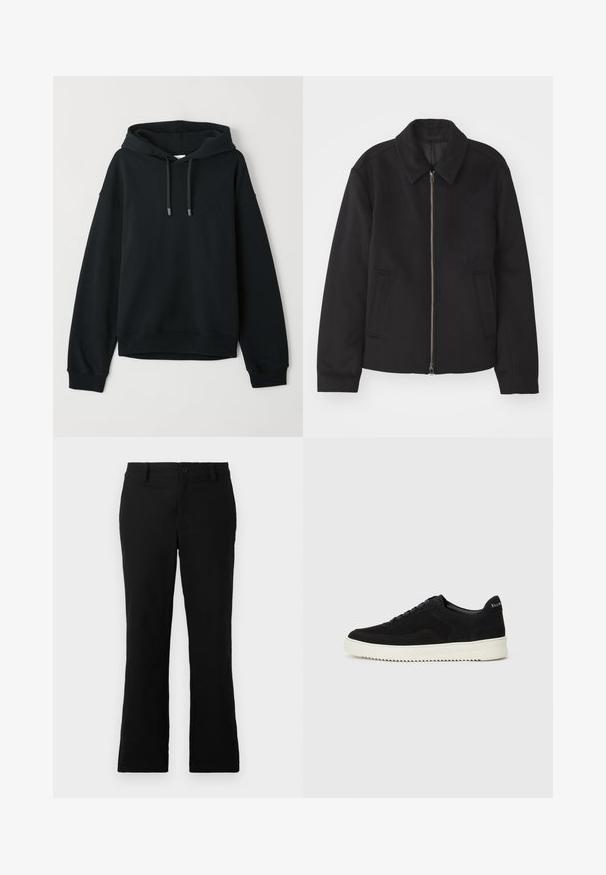 Zwarte jas met ritssluiting, op maat gemaakte ontwerp, ronde kraag en splitzakken. Gemaakt van een gladde, gestructureerde stof.; Zwarte hoodie van een zachte katoenmix. Voorzien van een trekkoord in de capuchon, ribgebreide manchetten en zoom, met een subtiele logo op de borst.; Zwarte uitlopende broek van een katoenmix, voorzien van een knoopsluiting, riemlussen en een gladde textuur zonder zichtbare patronen.; Zwarte suède sneakers met vetersluiting en contrasterende witte rubberen zool. Voorzien van textuurpanelen aan de zijkanten en subtiele branding op de hiel.