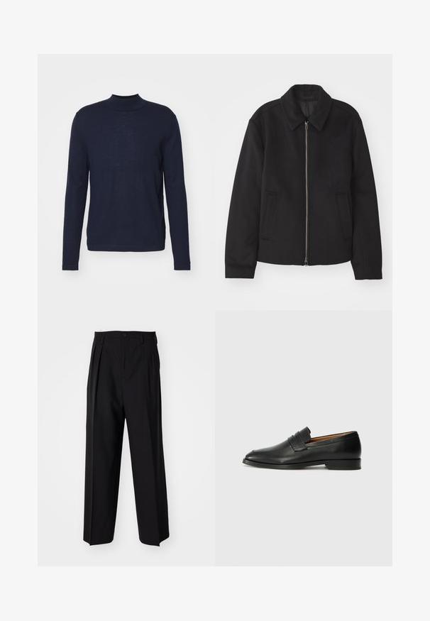 Zwarte jas met ritssluiting, op maat gemaakte ontwerp, ronde kraag en splitzakken. Gemaakt van een gladde, gestructureerde stof.; Navyblauwe langemouwen coltrui gemaakt van een zachte, lichte stof. Heeft een aansluitende pasvorm met minimale naden en een soepele textuur.; Zwarte geplooide broeken met een rechte, brede pijpontwerp. Gemaakt van soepele stof, met een knoopsluiting en riemlussen.; Zwarte leren instapper met een ronde neus, subtiele stikdetails en een lage hak, met een gladde textuur en een minimalistisch ontwerp.