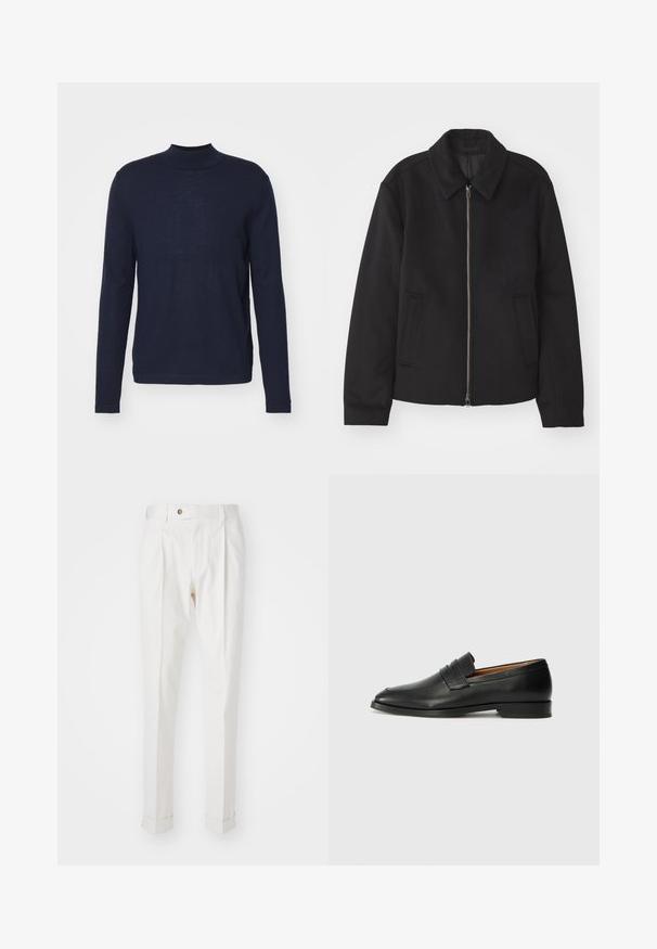 Juodas švarkas su užtrauktuku, pritaikyta forma, apvaliu apykakle ir kišenėmis su plyšiu. Pagamintas iš lygios, tekstūruotos medžiagos.; Tamsiai mėlynas ilgarankovis golfas, pagamintas iš minkštos, lengvos medžiagos. Turi prigludusį siluetą su minimaliais siūlais ir lygia tekstūra.; Baltos, pritaikytos kelnės su lygiu priekiu, dviem raukšlėmis ir prisuktomis rankovėmis. Pagamintos iš lygios medžiagos, su mygtuku juosmenyje.; Juodas odinis loaferis su apvaliu nosiu, subtiliomis siuvimo detalėmis ir žemu kulnu, pasižymintis lygia tekstūra ir minimalistiniu dizainu.