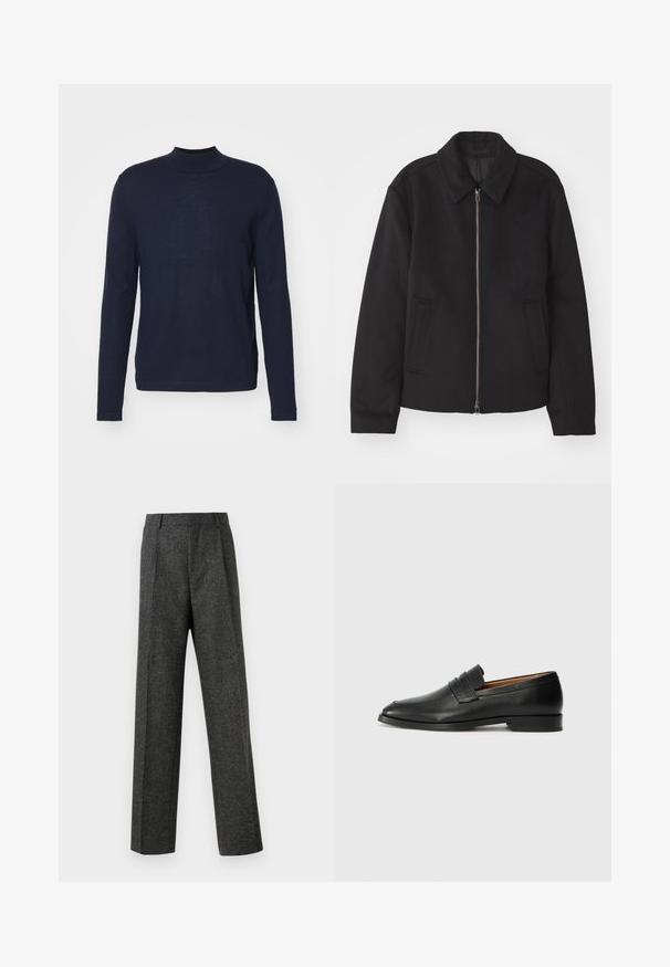 Musta takki vetoketjukiinnityksellä, muotoiltu design, pyöreä kaulus ja viilto-taskut. Valmistettu sileästä, tekstuuripinnoitteisesta kankaasta.; Tummansininen pitkähihaisen pooloneule, joka on valmistettu pehmeästä ja kevyestä materiaalista. Ominaisuuksiin kuuluu vartalonmyötäinen muotoilu, jossa on minimaalisesti saumoja ja sileä pinta.; Harmaat räätälöidyt housut, jotka on valmistettu teksturoidusta kankaasta, ja niissä on kaksi etutaskua ja suora lahjemuoto. Ei näkyviä taskuja tai koristeluja.; Musta nahkainen loafer, jossa on pyöreä kärki, hienovarainen ommelkoristelu ja matala korko, joka on varustettu sileällä pinnalla ja minimalistisella designilla.