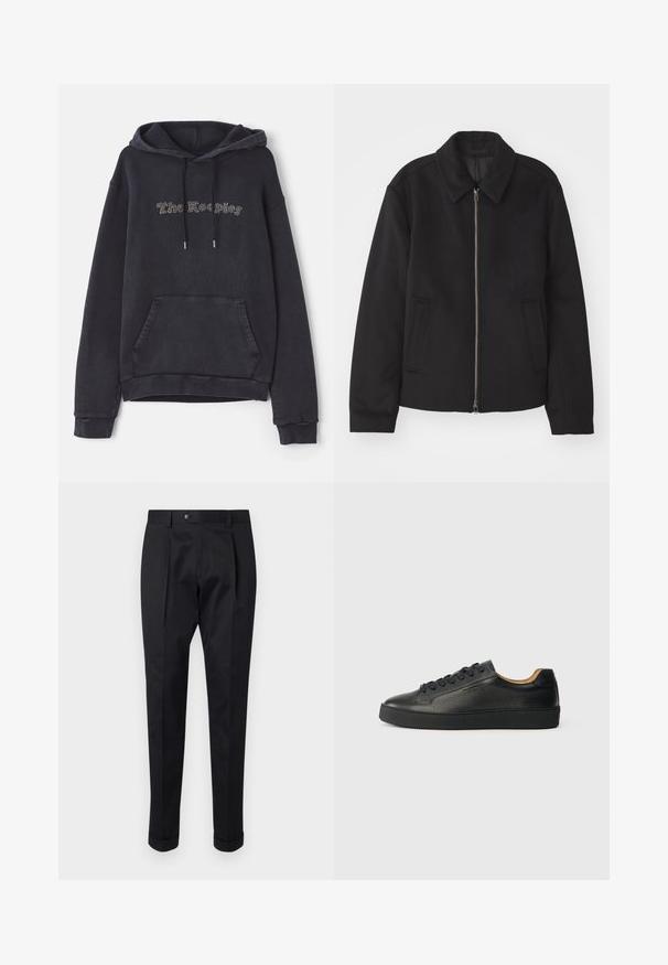 Veste noire avec fermeture éclair, design ajusté, col arrondi et poches fendue. Fabriquée dans un tissu lisse et texturé.; Sweat à capuche noir avec une poche avant, une capuche à cordon de serrage, et le texte "The Keepers" en accents argentés. Comprend des poignets et un ourlet côtelés.; Pantalons noirs en tissu lisse, avec un pli à l'avant, une fermeture à bouton et des ourlets roulés à la cheville.; Baskets basses en cuir noir avec surface texturée, lacets noirs et semelle en caoutchouc épaisse, présentées de côté sur un fond clair.