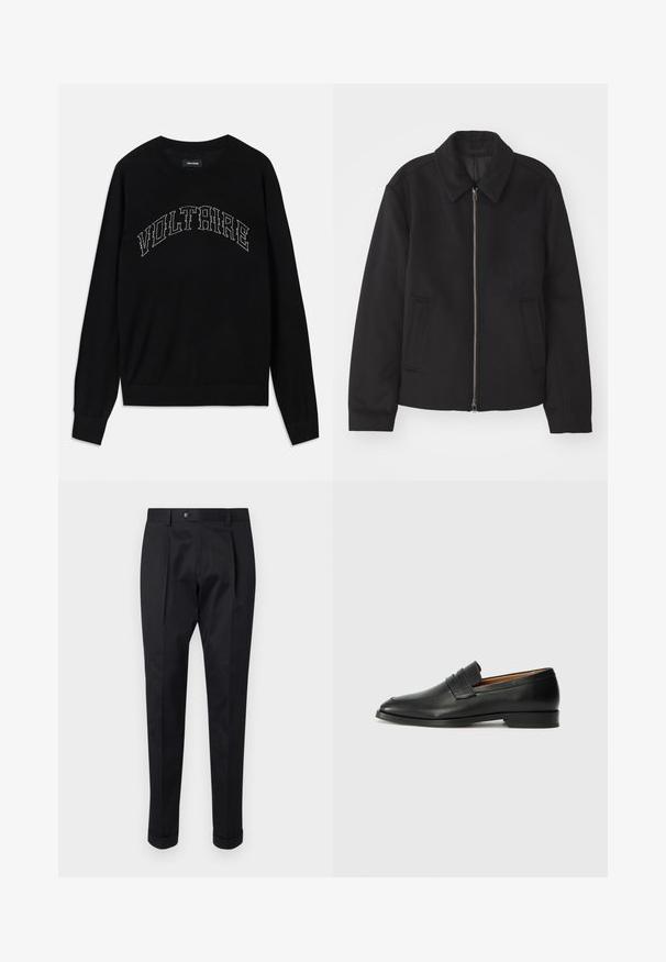 Černá bunda se zipovým uzávěrem, střižená designem, kulatým límcem a kapsami na bocích. Vyrobena z hladké, strukturované tkaniny.; Černý svetr s kulatým výstřihem a dlouhými rukávy. "VOLTAIRE" v kontrastním prošívání přes hruď. Měkká textura a přiléhavý střih.; Černé kalhoty z hladkého materiálu s pukem vpředu, zapínáním na knoflík a ohrnutými manžetami u kotníků.; Černé kožené mokasíny s kulatou špičkou, jemným prošíváním a nízkým podpatkem, s hladkým povrchem a minimalistickým designem.