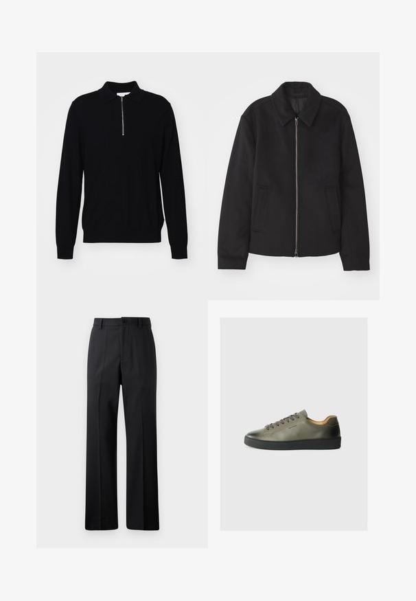 Giacca nera con chiusura con zip, design sartoriale, collo arrotondato e tasche a fessura. Realizzata in un tessuto morbido e texture.; Pullover lungo nero a maniche lunghe con colletto a zip, realizzato in tessuto lavorato a maglia. Presenta un design aderente e polsini e orlo a coste.; Pantaloni neri a gamba dritta con passanti per cintura, chiusura frontale con bottone e zip, esposti su uno sfondo bianco semplice.; Sneakers in pelle verde oliva con suola in gomma nera. Presentano punta tonda, lacci tonali e design minimalista. Interno foderato in materiale beige.