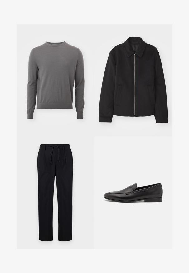 Black jacket with a zip closure, tailored design, a rounded collar, and slit pockets. Made from a smooth, textured fabric.; Tiger of Sweden CONNOR - Jumper - pavement; Black trousers made of smooth fabric, featuring a drawstring waist, straight legs, and front pleats for a structured look.; Black leather men's loafer with a low heel and a classic penny strap design, shown in side profile on a white background.