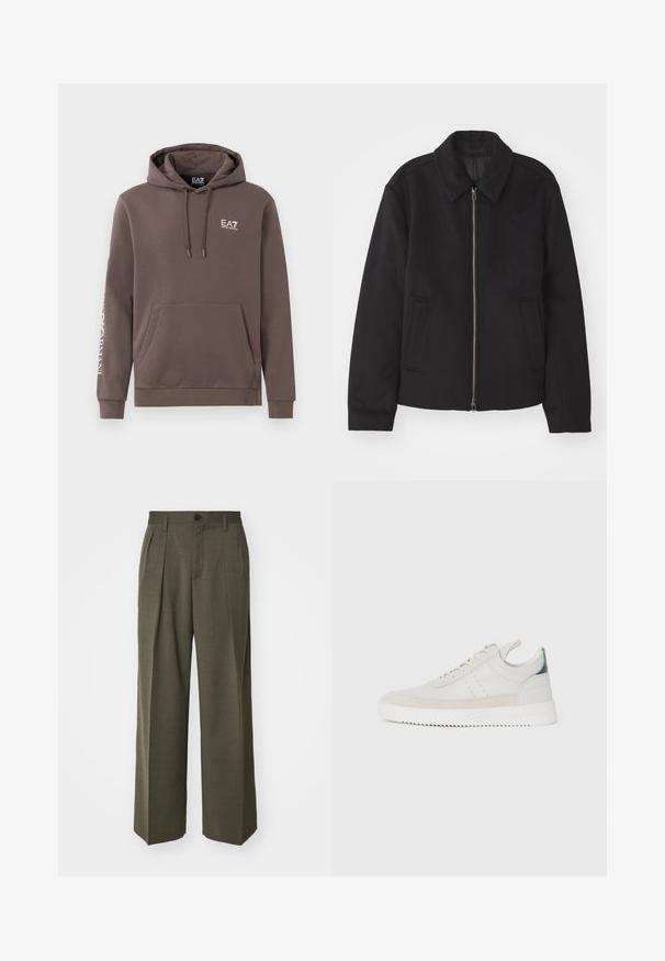 Melnā jaka ar rāvējslēdzēju, piegrieztas formas dizains, noapaļots apkakle un šķēluma kabatas. Izgatavota no gludas, teksturētas auduma.; Brūns kapuci džemperis, izgatavots no kokvilnas un sintētisko šķiedru maisījuma, ar priekšējo kangaroo kabatu, auklu kapuces regulēšanai un izšūtu logotipu uz krūškurvja un piedurknes.; Filippa K WIDE TROUSERS - Auduma bikses - driftwood; Baltas ādas sporta apavi ar pelēka zamšādas akcentiem, saistoša dizaina, ar vilkšanas cilpu un teksturētu gumijas zoli, kas raksturojas ar zigzag rakstu.