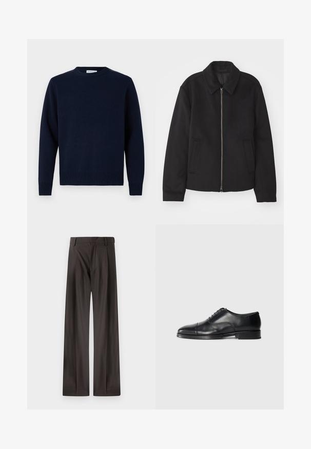 Crna jakna s patentnim zatvaračem, prilagođenog dizajna, zaobljenim kragnom i proreznim džepovima. Izrađena od glatkog, teksturiranog materijala.; Tamno plava dukserica s okruglim izrezom, rebrastim manžetama i rubom. Napravljena od mekog pletiva, sa jednostavnim, klasičnim dizajnom.; Hlače širokih nogavica u tamnosmeđoj tkanini. Imaju glatku teksturu, strukturirani pojas i suptilne prednje nabore.; Crne kožne cipele s zaobljenim nožnim prstom, glatke teksture, s vezanjem i suptilnim detaljima šava, te niskim, ravnim potplatom.