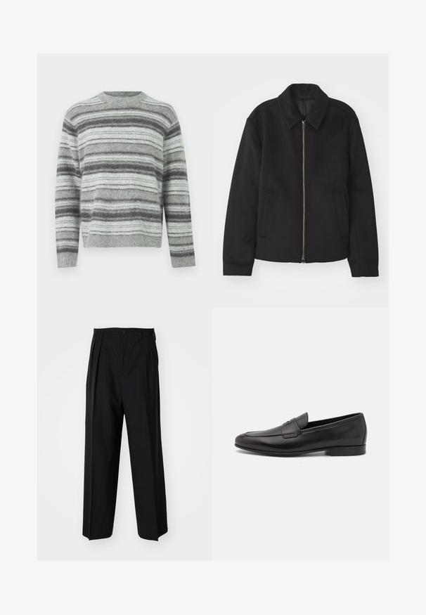 Black jacket with a zip closure, tailored design, a rounded collar, and slit pockets. Made from a smooth, textured fabric.; Light gray sweater with dark gray and white horizontal stripes, made from soft knit material, featuring a round neckline and long sleeves.; Black pleated trousers with a straight, wide-leg design. Made from smooth fabric, featuring a button closure and belt loops.; Black leather men's loafer with a low heel and a classic penny strap design, shown in side profile on a white background.