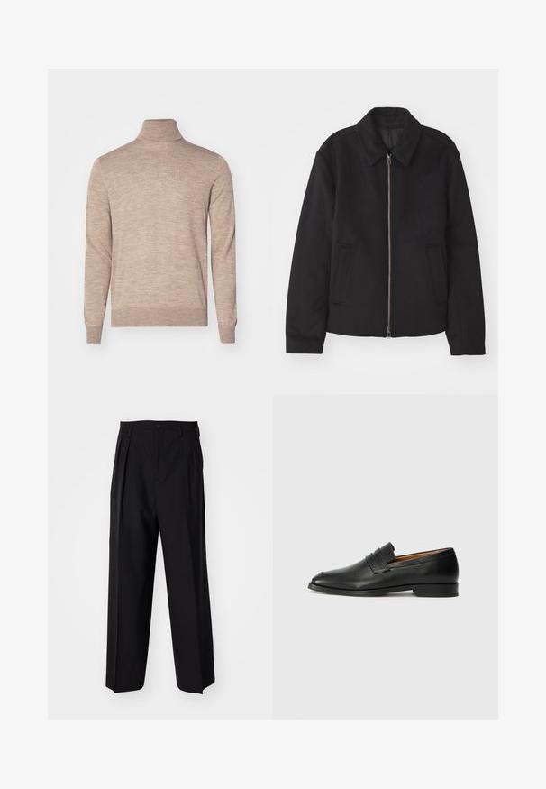 Czarna kurtka z zamkiem błyskawicznym, dopasowany krój, okrągły kołnierz i kieszenie cięte. Wykonana z gładkiego, teksturowanego materiału.; Tiger of Sweden NEVILE beżowy; Czarne plisowane spodnie o prostym, szerokim kroju nogawek. Wykonane z gładkiego materiału, z zapięciem na guzik i pętelkami na pasek.; Czarne skórzane mokasyny z zaokrąglonym noskiem, subtelnymi przeszyciami i niskim obcasem, charakteryzujące się gładką teksturą i minimalistycznym designem.