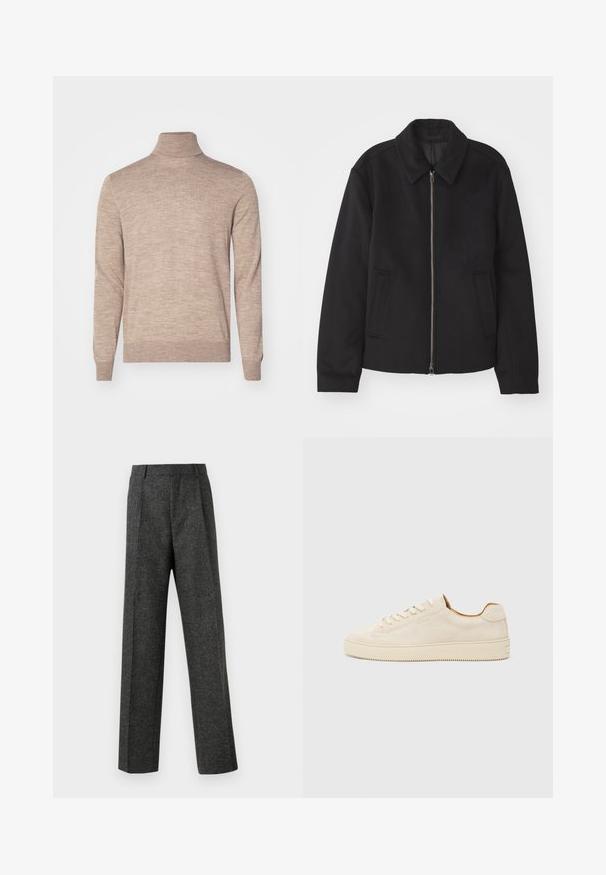 Casaco preto com fecho de correr, design ajustado, colarinho redondo e bolsos com fenda. Feito de um tecido liso e texturizado.; Tiger of Sweden NEVILE - Camisola - beige melange; Calças cinzentas ajustadas, feitas de um tecido texturizado, com duas pregas frontais e um design de perna reta. Sem bolsos visíveis ou enfeites.; Sapatilhas de camurça bege com um design de cano baixo, bico redondo, atacadores planos e uma sola de borracha texturizada. Estilo minimalista sem logótipos visíveis.