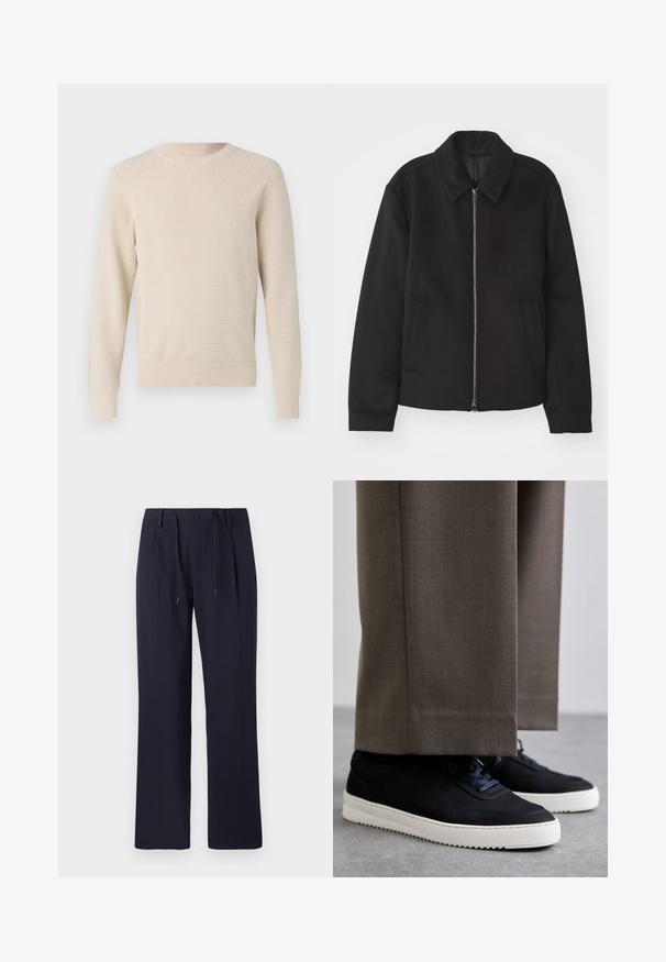 Zwarte jas met ritssluiting, op maat gemaakte ontwerp, ronde kraag en splitzakken. Gemaakt van een gladde, gestructureerde stof.; Beige gebreide trui met een gestructureerd patroon, ronde halslijn en geribde manchetten en zoom. Klassieke pasvorm met lange mouwen.; Marineblauwe broek met een rechte pijpdesign, gemaakt van textuurstof. Voorzien van een knoopsluiting aan de voorkant en een verstelbare koord in de taille.; Zwarte suède sneakers met witte rubberen zolen, voorzien van een ronde neus en veters, gedragen met grijze tailored broek.
