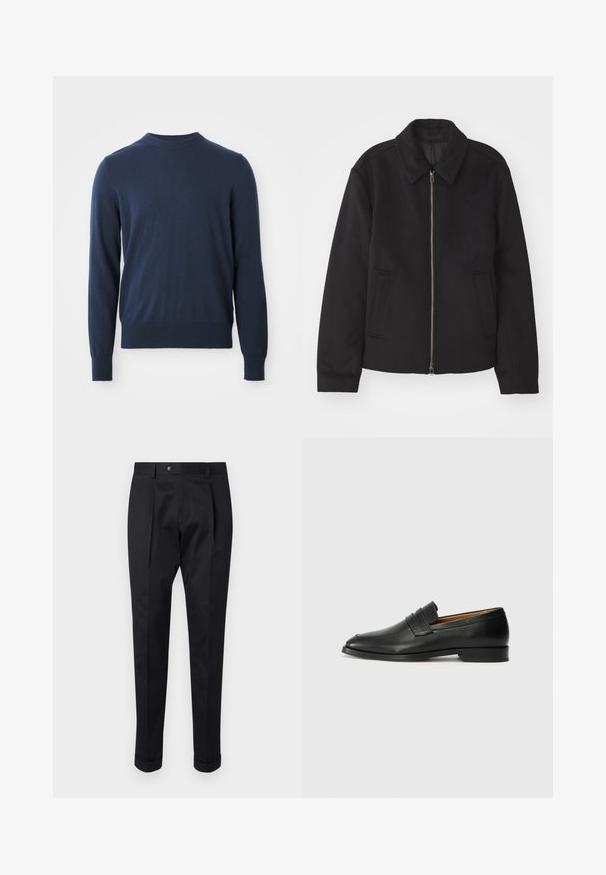 Musta takki vetoketjukiinnityksellä, muotoiltu design, pyöreä kaulus ja viilto-taskut. Valmistettu sileästä, tekstuuripinnoitteisesta kankaasta.; Tummansininen pitkähihainen pyöreäkaulainen neulepaita, jossa on ribbitehosteet hihansuissa ja helman kohdalla, esillä valkoista taustaa vasten.; Musta housut, jotka on valmistettu sileästä kankaasta, ja niissä on etuosassa laskos, nappisulku sekä käänteet nilkassa.; Musta nahkainen loafer, jossa on pyöreä kärki, hienovarainen ommelkoristelu ja matala korko, joka on varustettu sileällä pinnalla ja minimalistisella designilla.