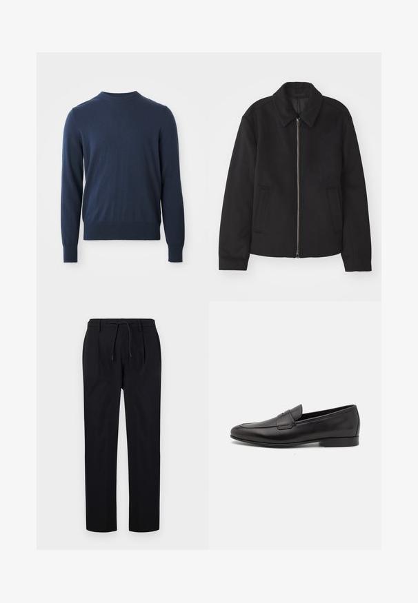 Czarna kurtka z zamkiem błyskawicznym, dopasowany krój, okrągły kołnierz i kieszenie cięte. Wykonana z gładkiego, teksturowanego materiału.; Granatowy sweter z długim rękawem i okrągłym dekoltem, z ribbingu na mankietach i dolnym końcu, prezentowany na białym tle.; Czarne spodnie wykonane z gładkiego materiału, z elastycznym paskiem w talii, prostymi nogawkami oraz plisami z przodu, co nadaje im strukturalny wygląd.; Czarne skórzane męskie loafersy z niskim obcasem i klasycznym paskiem penny, przedstawione w profilu bocznym na białym tle.