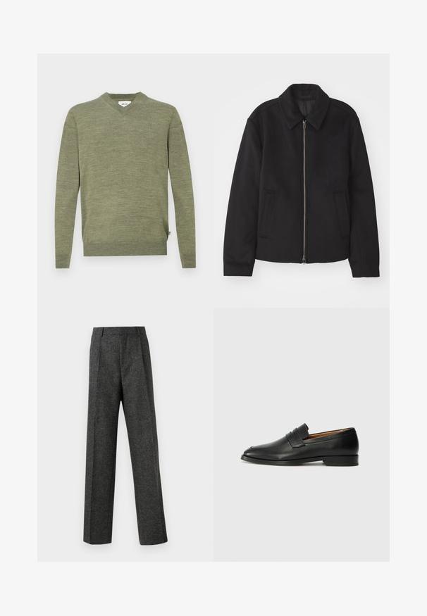 Black jacket with a zip closure, tailored design, a rounded collar, and slit pockets. Made from a smooth, textured fabric.; Olive green long-sleeve V-neck sweater with ribbed cuffs and hem, displayed flat on a white background.; Gray tailored trousers made of textured fabric, featuring two front pleats and a straight-leg design. No visible pockets or embellishments.; Black leather loafer with a rounded toe, subtle stitched detailing, and a low heel, featuring a smooth texture and minimalist design.