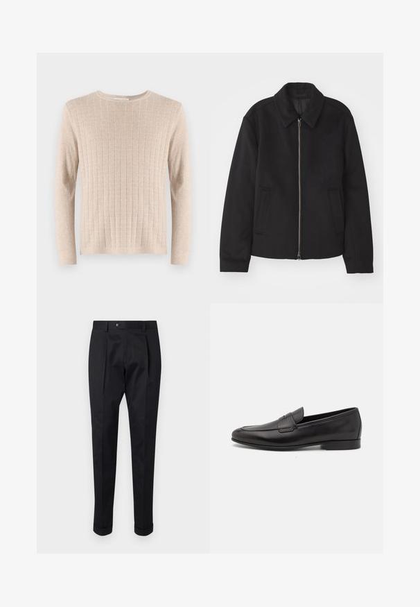 Schwarze Jacke mit Reißverschluss, tailliertem Schnitt, rundem Kragen und Schlitztaschen. Hergestellt aus einem glatten, strukturierten Stoff.; Beige Langarmpullover mit geripptem Muster und Rundhalsausschnitt. Der Stoff wirkt weich und leicht und hat vertikale Linien.; Schwarze Hosen aus einem glatten Stoff, mit einem Faltenwurf vorne, einem Knopfverschluss und umgeschlagenen Säumen am Knöchel.; Schwarze Leder-Herrenloafer mit niedrigem Absatz und klassischem Penny-Riemen-Design, seitlich auf einem weißen Hintergrund dargestellt.