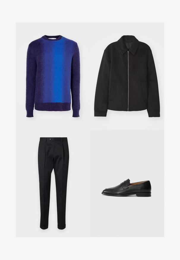 Musta takki vetoketjukiinnityksellä, muotoiltu design, pyöreä kaulus ja viilto-taskut. Valmistettu sileästä, tekstuuripinnoitteisesta kankaasta.; Sininen ja violetti gradienttisukka, jossa on pyöreä pääntie ja teksturoitu kangas. Ominaisuuksiin kuuluvat pitkät hihat ja ribbireuna.; Musta housut, jotka on valmistettu sileästä kankaasta, ja niissä on etuosassa laskos, nappisulku sekä käänteet nilkassa.; Musta nahkainen loafer, jossa on pyöreä kärki, hienovarainen ommelkoristelu ja matala korko, joka on varustettu sileällä pinnalla ja minimalistisella designilla.