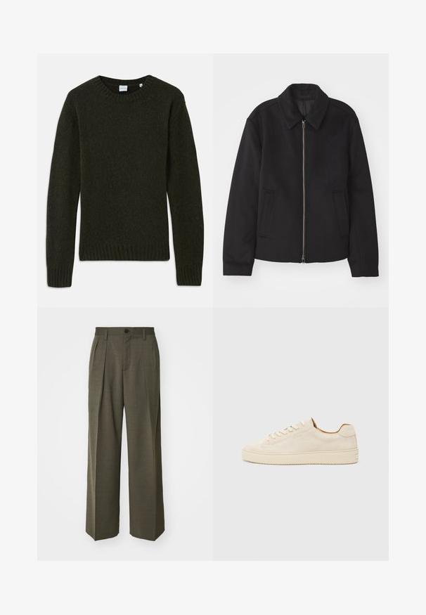 Melnā jaka ar rāvējslēdzēju, piegrieztas formas dizains, noapaļots apkakle un šķēluma kabatas. Izgatavota no gludas, teksturētas auduma.; Tumši zaļš adīts džemperis ar apaļu kakla izgriezumu, ribotām piedurknēm un apakšmalu. Mīksta tekstūra, garas piedurknes un vienkāršs dizains bez rakstiem.; Filippa K WIDE TROUSERS - Auduma bikses - driftwood; Bežīgas zamša kedas ar zemu augstumu, apaļu purngalu, plakaniem šņorēm un teksturētu gumijas zoli. Minimālistisks stils bez redzamām logo.