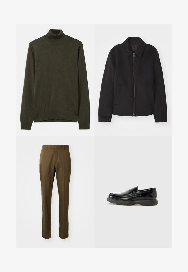 Casaco preto com fecho de correr, design ajustado, colarinho redondo e bolsos com fenda. Feito de um tecido liso e texturizado.; Pulôver de gola alta verde escuro feito de um material de malha macia, apresentando punhos e bainha canelados, mangas longas e um design simples e limpo.; Calças castanhas ajustadas com um design de perna reta, feitas de um tecido suave, com bolsos laterais e uma dobra na frente.; Mocassim de couro preto com acabamento brilhante, bico arredondado, detalhes de costura subtil e sola de borracha espessa para durabilidade.