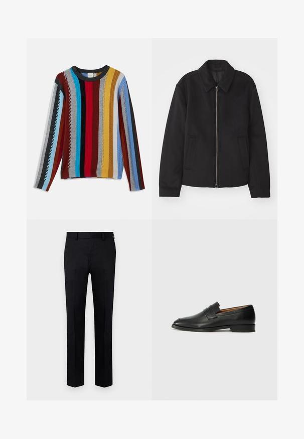 Schwarze Jacke mit Reißverschluss, tailliertem Schnitt, rundem Kragen und Schlitztaschen. Hergestellt aus einem glatten, strukturierten Stoff.; Strickpullover mit mehrfarbigen vertikalen Streifen in Rot, Blau, Grau, Gelb und Schwarz, mit strukturierter Rippung und rundem Halsausschnitt.; Schwarze Hose aus glattem Stoff mit geradem Bein, Vorderfalten und Gürtelschlaufen am Bund. Keine sichtbaren Muster oder Akzente.; Schwarze Leder-Slipper mit runder Zehenform, dezenten gestickten Details und niedrigem Absatz, ausgestattet mit glatter Textur und minimalistischem Design.