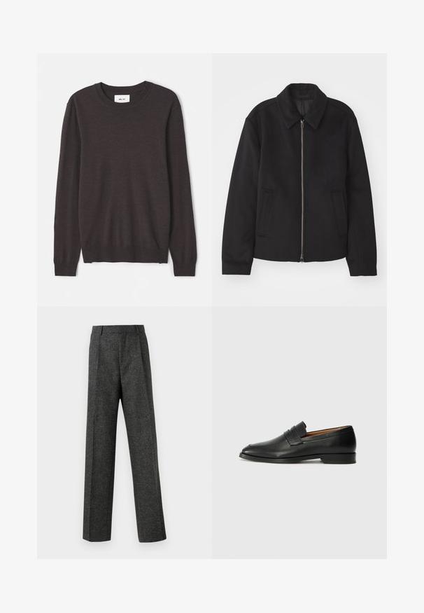 Veste noire avec fermeture éclair, design ajusté, col arrondi et poches fendue. Fabriquée dans un tissu lisse et texturé.; Pull en tricot marron foncé avec un col rond, des manches longues, des poignets et un ourlet côtelés, une texture lisse, et une étiquette de marque minimaliste.; Pantalon gris ajusté en tissu texturé, doté de deux plis sur le devant et d'une coupe droite. Pas de poches visibles ni de décorations.; Mocassin en cuir noir avec un bout arrondi, des coutures subtiles et un talon bas, présentant une texture lisse et un design minimaliste.