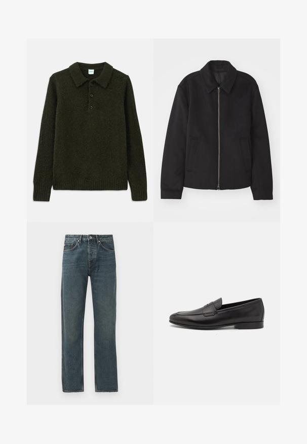 Zwarte jas met ritssluiting, op maat gemaakte ontwerp, ronde kraag en splitzakken. Gemaakt van een gladde, gestructureerde stof.; Donkergroen gebreide trui met een kraag, vierknopenlijst, gestructureerde stof, geribbelde manchetten en zoom, wat zorgt voor een gezellige uitstraling.; Donkerblauwe denim jeans met een rechte pijp, voorzien van vijf zakken, een knoopsluiting en contrasterende stiksels.; Zwarte leren herenloafers met een lage hak en een klassiek pennystrap-ontwerp, getoond in zijaanzicht op een witte achtergrond.