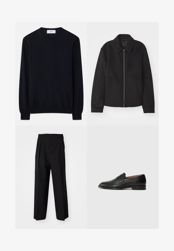 Musta takki vetoketjukiinnityksellä, muotoiltu design, pyöreä kaulus ja viilto-taskut. Valmistettu sileästä, tekstuuripinnoitteisesta kankaasta.; Mustas crew neck -neule, joka on tehty sileästä neulekankaasta. Pitkät hihat, joissa on tiukat hihansuut, ja rento malli kautta kehon.; Mustat laskostetut housut, joissa on suora, leveä lahje. Valmistettu sileästä kankaasta, jossa on nappisuljenta ja vyölenkit.; Musta nahkainen loafer, jossa on pyöreä kärki, hienovarainen ommelkoristelu ja matala korko, joka on varustettu sileällä pinnalla ja minimalistisella designilla.