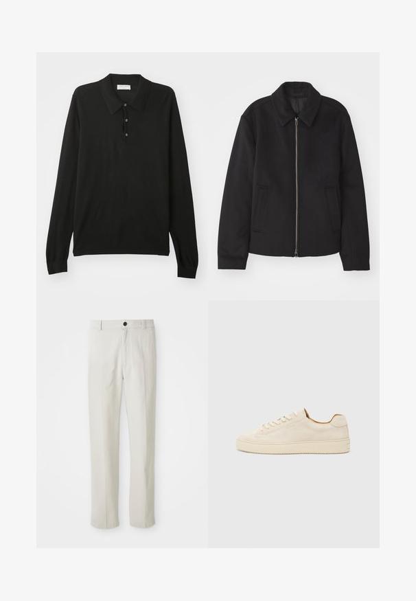 Μαύρο μπουφάν με φερμουάρ, κομψή γραμμή, στρογγυλός γιακάς και τσέπες με άνοιγμα. Κατασκευασμένο από μαλακό, υφασμάτινο υλικό.; Μαύρο πόλο πουκάμισο με μακριά μανίκια, τρία κουμπιά και γιακά, φτιαγμένο από μαλακό πλεκτό ύφασμα.; Μπέζ παντελόνι ίσιας γραμμής με θηλιές ζώνης, πρόσθιο κουμπί και κλείσιμο με φερμουάρ, εκτεθειμένο επίπεδα πάνω σε λευκό φόντο.; Μπεζ σουέτ αθλητικά παπούτσια με χαμηλό σχέδιο, στρογγυλή μύτη, επίπεδα κορδόνια και υφή από καουτσούκ σόλα. Μινιμαλιστικό στυλ χωρίς ορατά λογότυπα.
