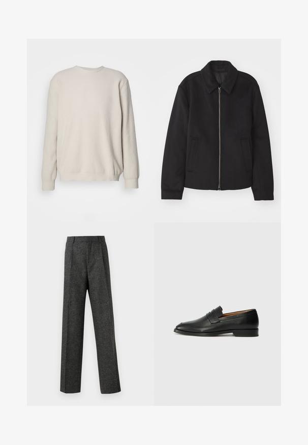 Schwarze Jacke mit Reißverschluss, tailliertem Schnitt, rundem Kragen und Schlitztaschen. Hergestellt aus einem glatten, strukturierten Stoff.; Beige Pullover mit langen Ärmeln, gerippter Textur, Rundhalsausschnitt und taillierten Bündchen. Einfaches, ungeschmücktes Design mit lockerer Passform.; Graue maßgeschneiderte Hose aus strukturiertem Stoff, mit zwei vorderen Falten und geradem Bein. Keine sichtbaren Taschen oder Verzierungen.; Schwarze Leder-Slipper mit runder Zehenform, dezenten gestickten Details und niedrigem Absatz, ausgestattet mit glatter Textur und minimalistischem Design.