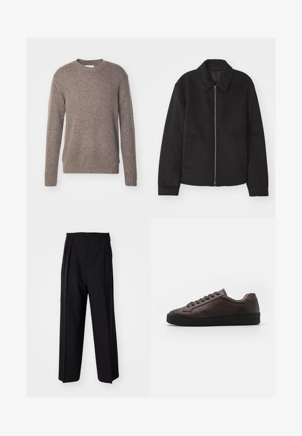 Fekete dzseki cipzárral, testreszabott dizájnnal, kerek nyakkal és zsebekkel. Sima, texturált anyagból készült.; Barna, kötött pulóver, kerek nyakkivágással, hosszú ujjal, bordás mandzsettával és aljjal, puha, textúrált felülettel.; Fekete, pliszírozott nadrág, egyenes, széles lábakkal. Sima anyagból készült, gombos záródással és övhurkokkal rendelkezik.; Barna bőr sportcipő, sima textúrával, kerek orral és fekete gumi talppal. Tonális fűzőkkel és minimalista dizájnelemekkel rendelkezik.