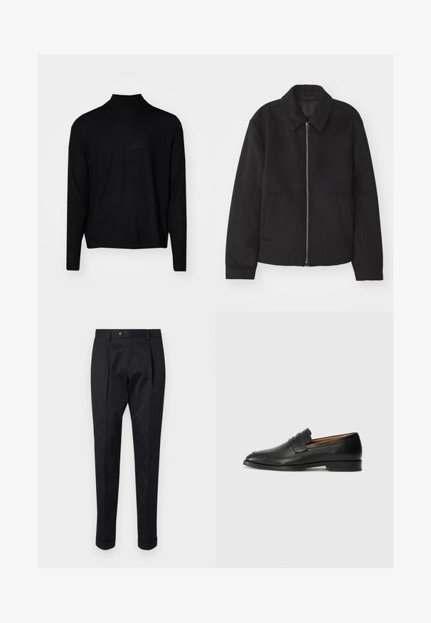 Giacca nera con chiusura con zip, design sartoriale, collo arrotondato e tasche a fessura. Realizzata in un tessuto morbido e texture.; Maglione nero a maniche lunghe con colletto alto. Realizzato in tessuto morbido e liscio. Design semplice, senza motivi, presenta un orlo dritto.; Pantaloni neri realizzati in un tessuto liscio, con una piega sul davanti, chiusura con bottone e risvolti alla caviglia.; Mocassino in pelle nera con punta arrotondata, dettagli cuciti sottili e tacco basso, caratterizzato da una texture liscia e un design minimalista.