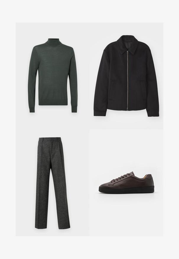 Casaco preto com fecho de correr, design ajustado, colarinho redondo e bolsos com fenda. Feito de um tecido liso e texturizado.; Suéter de gola alta verde escuro feito de material suave e leve. Apresenta mangas longas e um design ajustado com detalhes em canelado nos punhos e na gola.; Calças cinzentas ajustadas, feitas de um tecido texturizado, com duas pregas frontais e um design de perna reta. Sem bolsos visíveis ou enfeites.; Sapatilha de couro castanho com uma textura suave, bico redondo e sola de borracha preta. Apresenta atacadores tonais e detalhes de design minimalistas.