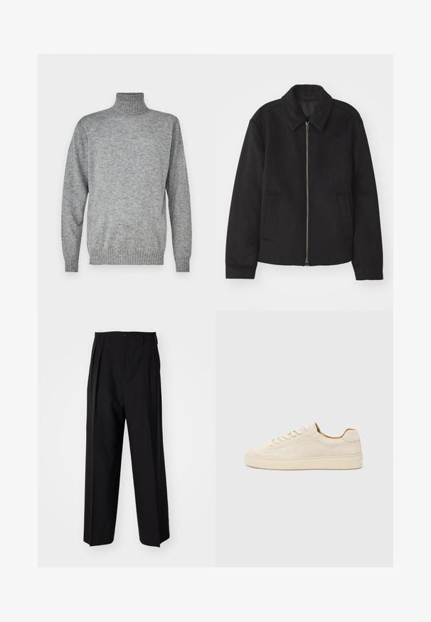 Crna jakna s patentnim zatvaračem, prilagođenog dizajna, zaobljenim kragnom i proreznim džepovima. Izrađena od glatkog, teksturiranog materijala.; Sivi pulover s visokim ovratnikom od pletenog materijala. Ima rebrasti ovratnik i manžete, s opuštenim krojem i glatkom teksturom. Bez uzoraka ili akcenta.; Crne plisirane hlače s ravnim širokim nogavicama. Izrađene od glatkog materijala, s dugmadi za zatvaranje i petljama za remen.; Bež antilop tenisice s niskim dizajnom, okruglim vrhom, ravnim vezicama i teksturiranom gumenom potplatu. Minimalistički stil bez vidljivih logotipa.
