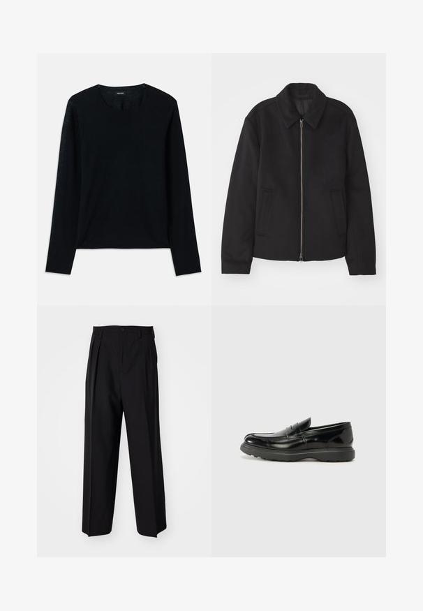 Veste noire avec fermeture éclair, design ajusté, col arrondi et poches fendue. Fabriquée dans un tissu lisse et texturé.; T-shirt en maille noir à manches longues avec un col rond. Texture douce, coupe décontractée, sans motifs ni accents visibles.; Pantalons plissés noirs avec un design droit et large. Fabriqués en tissu lisse, avec une fermeture à bouton et des passants de ceinture.; Mocassin en cuir noir avec une finition brillante, bout arrondi, détails de couture subtils et semelle en caoutchouc épaisse pour la durabilité.