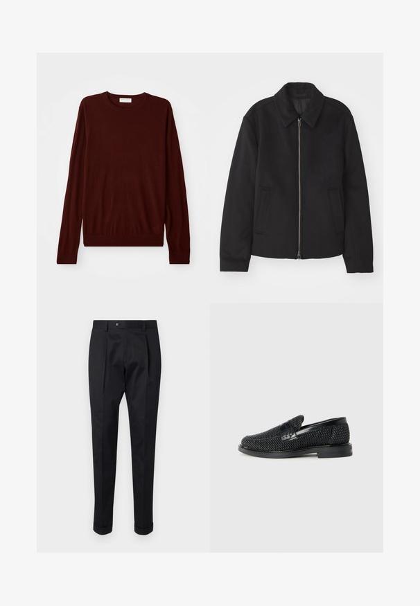Veste noire avec fermeture éclair, design ajusté, col arrondi et poches fendue. Fabriquée dans un tissu lisse et texturé.; Pull à col rond à manches longues bordeaux avec des poignets et un ourlet côtelés, posé à plat sur un fond blanc.; Pantalons noirs en tissu lisse, avec un pli à l'avant, une fermeture à bouton et des ourlets roulés à la cheville.; Chaussure slip-on tissée noire avec un accent en cuir lisse sur le dessus, un design à bout rond et une semelle en caoutchouc à profil bas.