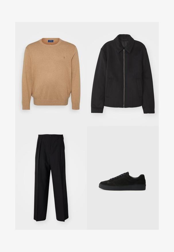 Juodas švarkas su užtrauktuku, pritaikyta forma, apvaliu apykakle ir kišenėmis su plyšiu. Pagamintas iš lygios, tekstūruotos medžiagos.; Smėlinis džemperis su apvalia iškirpte, pagamintas iš minkštos medžiagos, su įsiūta apačia ir rankogaliais, ant krūtinės mažas siuvinėtas logotipas.; Juodi klostuoti kelnių, su tiesiu, plačiu kojų dizainu. Pagaminti iš lygios medžiagos, su mygtukų uždarymu ir diržo kilputėmis.; Juodos suedinės sportbačiai su plokščiu, tekstūriniu padu, apvaliu pirštu, šešiais skylutėmis raištams ir minimalistišku dizainu.