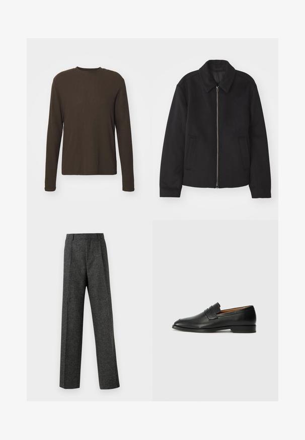 Črna jakna z zadrgo, prilagojena zasnova, okrogla ovratnica in žepi z rezi. Narejena iz gladke, teksturirane tkanine.; Majica s dolgimi rokavi in okroglo odprtino v temno rjavi barvi. Narejena iz gladkega, raztegljivega materiala s pravim krojem in minimalnimi šivi. Brez vzorcev ali dodatkov.; Sive krojene hlače iz teksturirane tkanine, ki imajo dva sprednja nabora in ravno kroj. Brez vidnih žepov ali okrasnih elementov.; Črne usnjene loferice z zaobljenim prstom, subtilnim šivanjem in nizkim petam, ki se odlikujejo po gladki teksturi in minimalističnem oblikovanju.