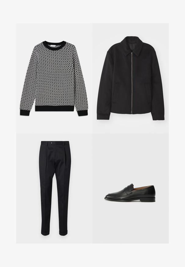 Jachetă neagră cu închidere prin fermoar, design ajustat, guler rotund și buzunare cu fanta. Fabricată dintr-un material neted, texturat.; Pulover tricotat alb-negru, cu un model în diamante, guler rotund și mansete și tiv ribțat. Proiectat cu mâneci lungi.; Pantaloni negri dintr-un material neted, cu o pliță în față, închidere cu nasture și manșete răsucite la gleznă.; Lofer din piele neagră, cu vârf rotund, detalii cusute subtile și toc jos, având o textură netedă și un design minimalist.