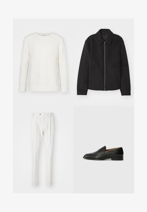 Juodas švarkas su užtrauktuku, pritaikyta forma, apvaliu apykakle ir kišenėmis su plyšiu. Pagamintas iš lygios, tekstūruotos medžiagos.; Baltas megztinis, turintis klasiką primenantį apvalų kaklą, tekstūruotas paviršius ir virvę primenančius raštus priekyje ir ant rankovių.; Baltos, pritaikytos kelnės su lygiu priekiu, dviem raukšlėmis ir prisuktomis rankovėmis. Pagamintos iš lygios medžiagos, su mygtuku juosmenyje.; Juodas odinis loaferis su apvaliu nosiu, subtiliomis siuvimo detalėmis ir žemu kulnu, pasižymintis lygia tekstūra ir minimalistiniu dizainu.