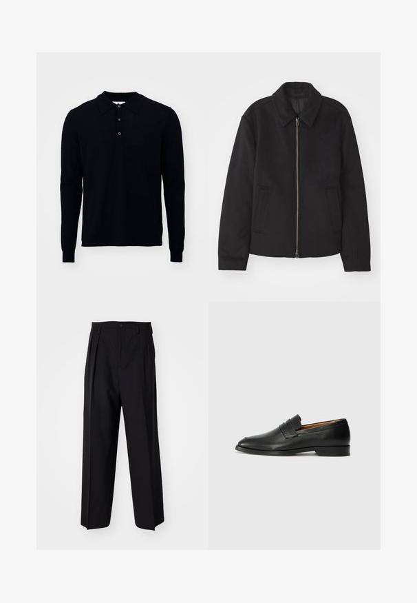 Giacca nera con chiusura con zip, design sartoriale, collo arrotondato e tasche a fessura. Realizzata in un tessuto morbido e texture.; Polo a maniche lunghe di colore blu navy scuro, realizzato in morbido tessuto a maglia. Presenta un colletto, un gancio a tre bottoni e polsini a coste.; Pantaloni neri a pieghe con un design dritto e gamba larga. Realizzati in tessuto morbido, con chiusura a bottone e passanti per cintura.; Mocassino in pelle nera con punta arrotondata, dettagli cuciti sottili e tacco basso, caratterizzato da una texture liscia e un design minimalista.