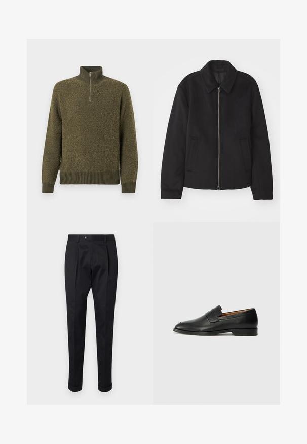 Zwarte jas met ritssluiting, op maat gemaakte ontwerp, ronde kraag en splitzakken. Gemaakt van een gladde, gestructureerde stof.; Olijf groene pullover trui met een ritskraag, textuurstof en geribde zoom en boorden voor een snug fit.; Zwarte broek gemaakt van een gladde stof, met een plooi aan de voorkant, een knopen sluiting en opgerolde manchetten bij de enkels.; Zwarte leren instapper met een ronde neus, subtiele stikdetails en een lage hak, met een gladde textuur en een minimalistisch ontwerp.
