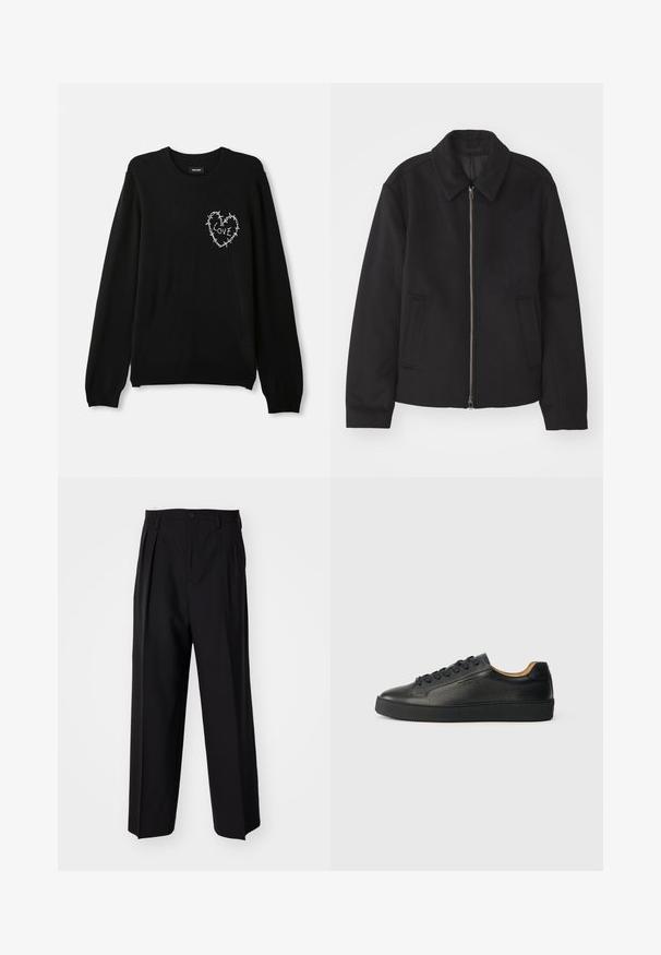 Black jacket with a zip closure, tailored design, a rounded collar, and slit pockets. Made from a smooth, textured fabric.; Black sweater with a round neck, long sleeves, and a white embroidered heart design accented with barbed wire and the word "LOVE."; Black pleated trousers with a straight, wide-leg design. Made from smooth fabric, featuring a button closure and belt loops.; Black low-top leather sneaker with textured surface, black laces, and thick rubber sole, shown from the side on a light background.