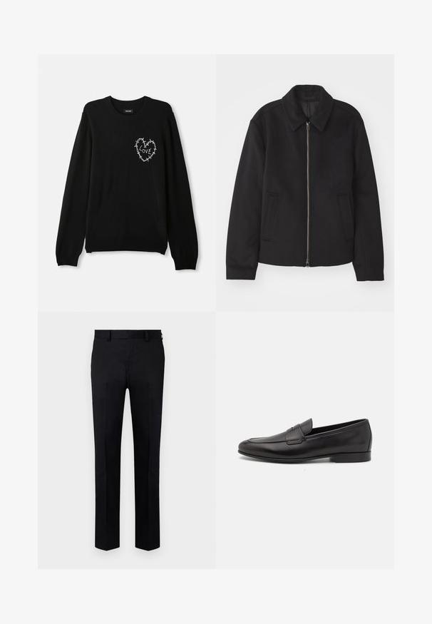 Casaco preto com fecho de correr, design ajustado, colarinho redondo e bolsos com fenda. Feito de um tecido liso e texturizado.; Sweater preto com gola redonda, mangas longas e um design de coração bordado em branco, destacado com arame farpado e a palavra "AMOR".; Calças pretas feitas de tecido liso, com um design de perna reta, vinco frontal e passantes para cinto na cintura. Sem padrões ou acentos visíveis.; Sapatilha masculina em couro preto, com salto baixo e um design clássico com tira de moeda, apresentada em perfil lateral sobre um fundo branco.