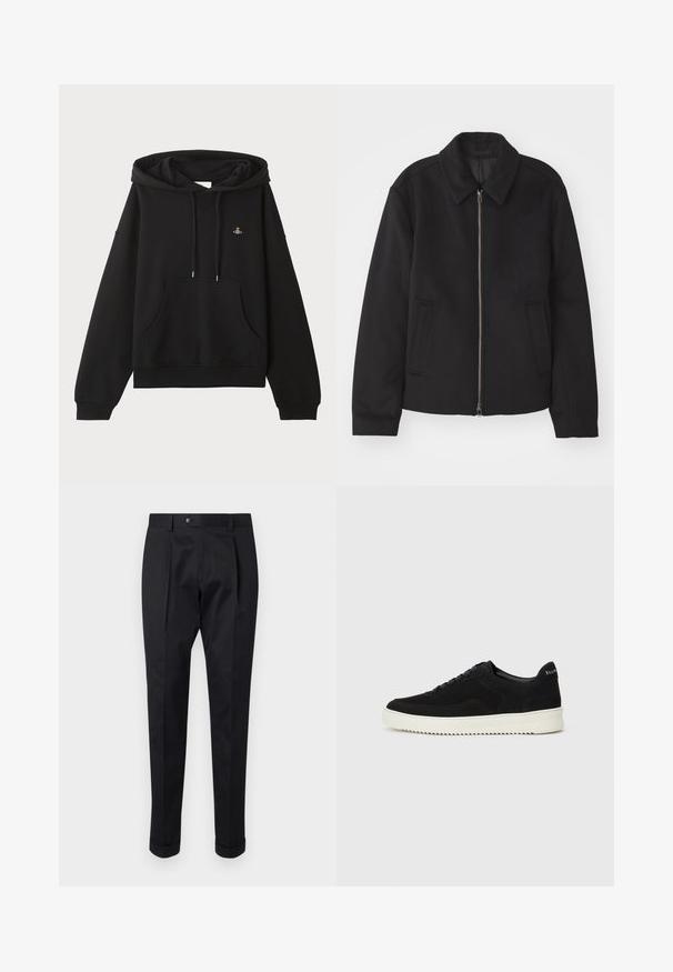 Jachetă neagră cu închidere prin fermoar, design ajustat, guler rotund și buzunare cu fanta. Fabricată dintr-un material neted, texturat.; Hanorac negru dintr-un material moale, cu buzunar tip cangur, glugă cu șnur și un mic design brodat pe piept.; Pantaloni negri dintr-un material neted, cu o pliță în față, închidere cu nasture și manșete răsucite la gleznă.; Adidași negri din suede cu design cu șireturi și talpă din cauciuc alb contrastant. Prezintă panouri laterale texturate și branding subtil pe toc.